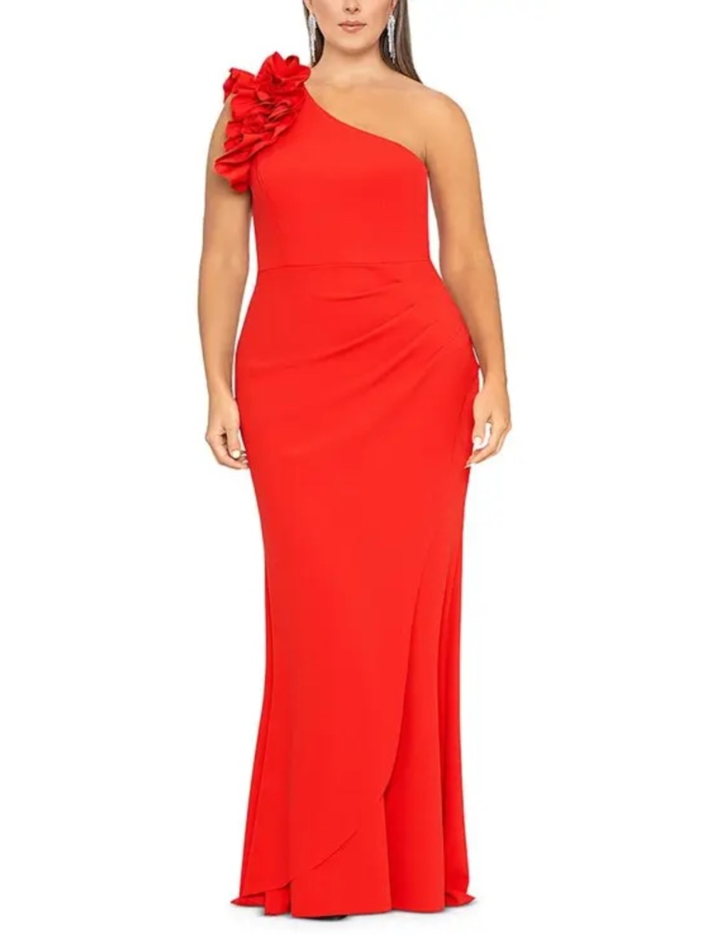 Xscape Ruffle One-Shoulder Scuba Crepe Gown Red - size 16W - NEW